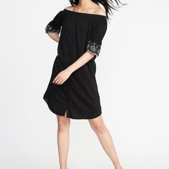Old Navy Dresses & Skirts - Off Shoulder Black Embroidered Dress XS